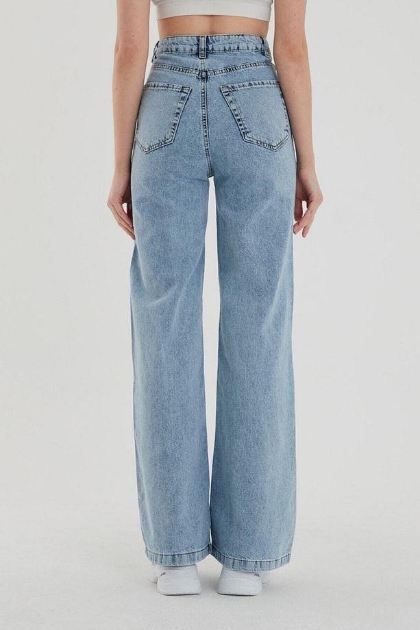 Açık Mavi Kar Yıkama Süper Yüksek Bel Salaş Paça Denim Kot Pantolon - 4