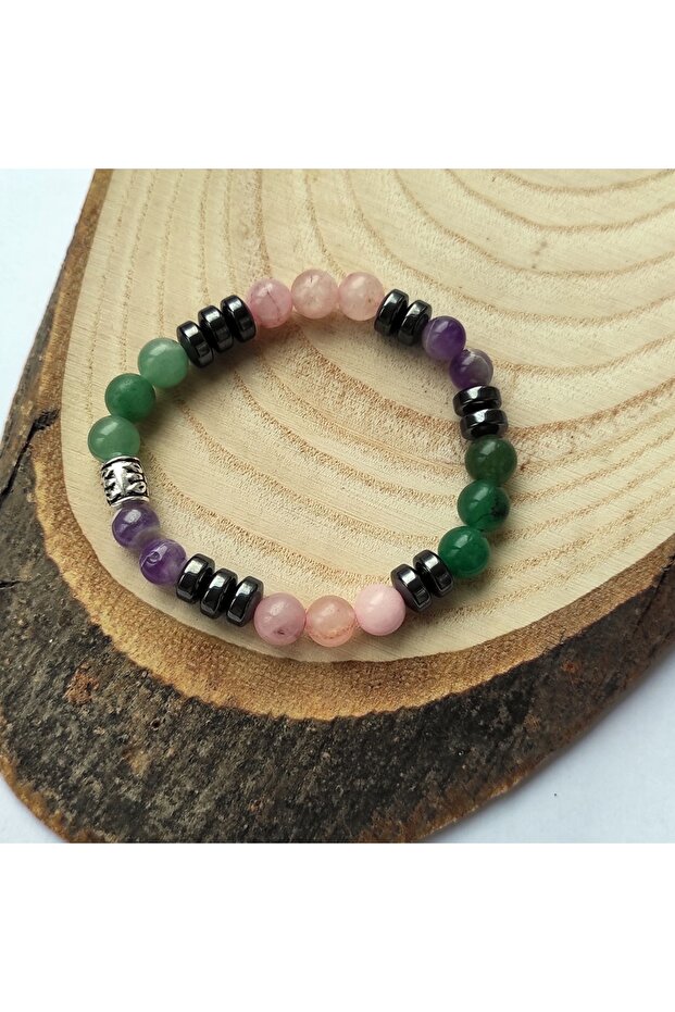 8 Mm Amethyst, Aventurine and Pink Quartz Stone Bracelet