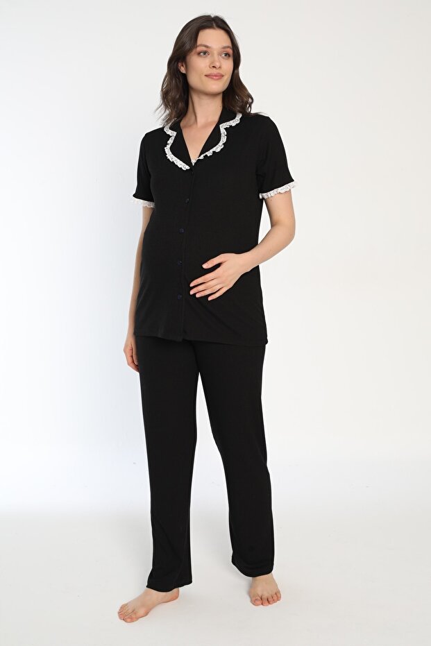 Cotton Corded Front Buttoned Maternity and Pregnant Pajamas Set