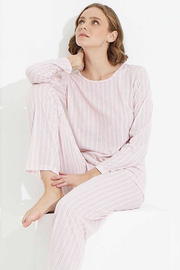 Pink Stripe Patterned Knitted Pajama Set