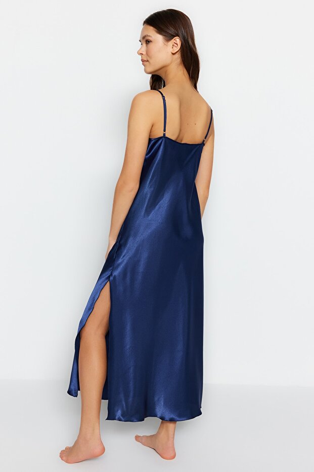 Indigo Dantelli ve Yırtmaçlı İp Askılı Saten Dokuma Gecelik THMSS23GC00021 - 6