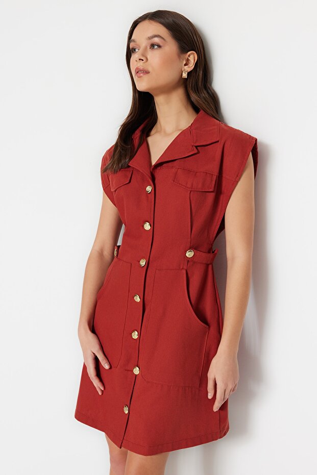 Tarçın Düğme Detaylı Gabardin Mini Dokuma Gömlek Elbise TWOSS22EL2970 - 2