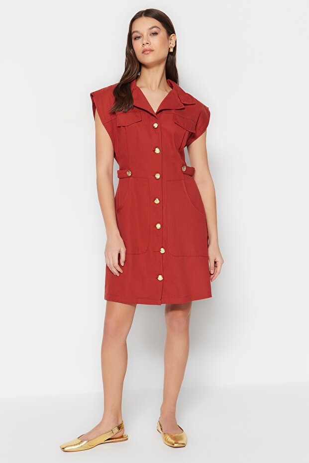 Tarçın Düğme Detaylı Gabardin Mini Dokuma Gömlek Elbise TWOSS22EL2970 - 3