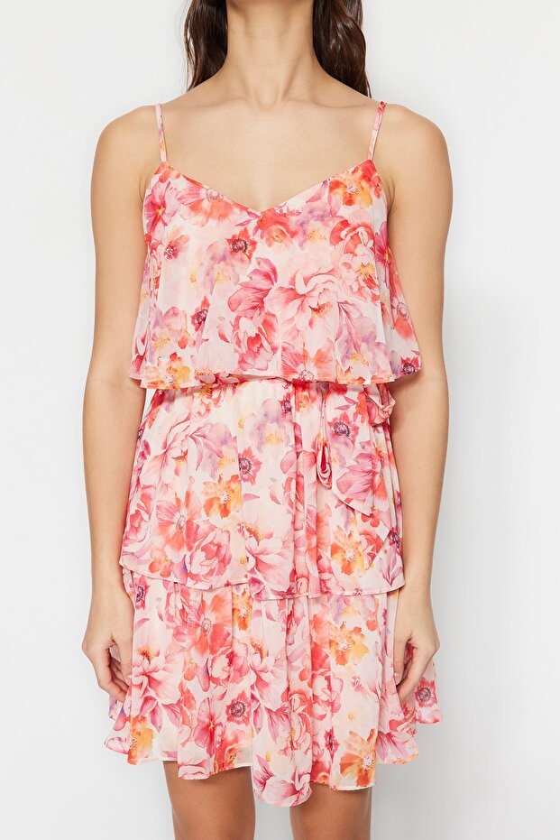 Pembe Çiçek Desenli Belden Açılan Boho Astarlı Şifon Uçuş Uçuş Dokuma Mini Elbise TWOSS23EL01445 - 6