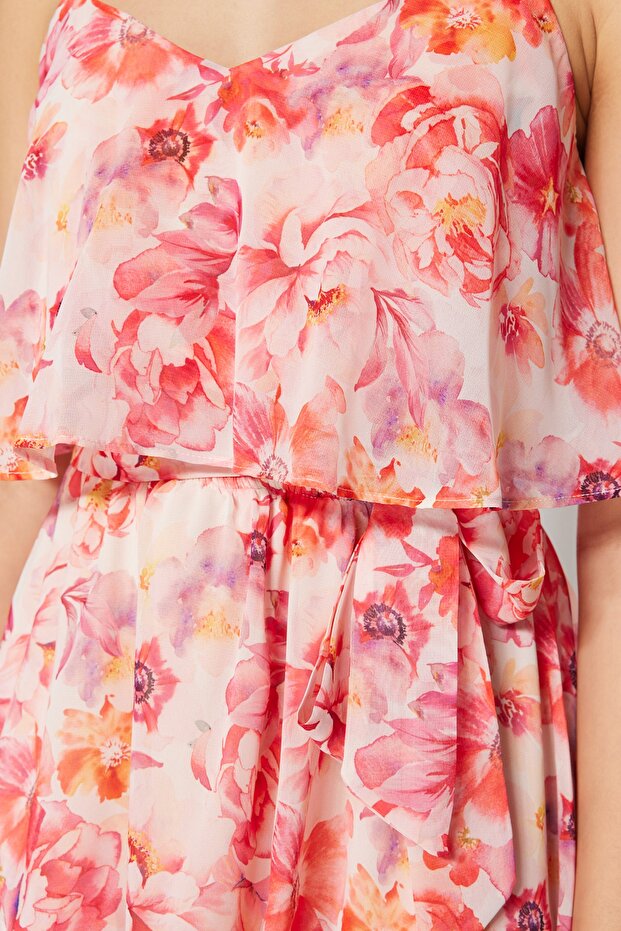 Pembe Çiçek Desenli Belden Açılan Boho Astarlı Şifon Uçuş Uçuş Dokuma Mini Elbise TWOSS23EL01445 - 7