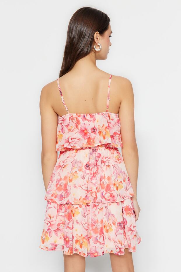 Pembe Çiçek Desenli Belden Açılan Boho Astarlı Şifon Uçuş Uçuş Dokuma Mini Elbise TWOSS23EL01445 - 8