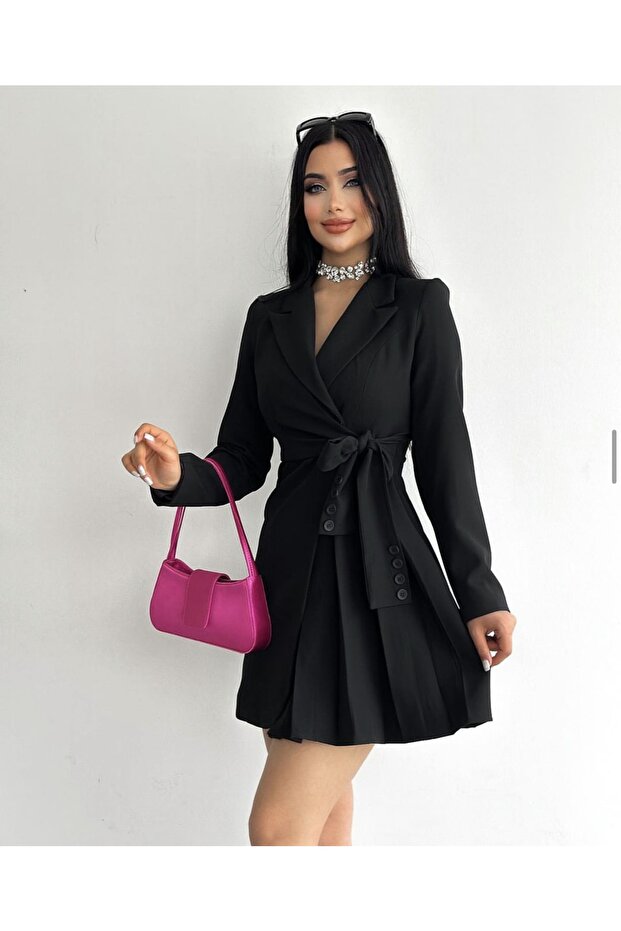 Side Pleated Button Detailed Jacket Dress Black