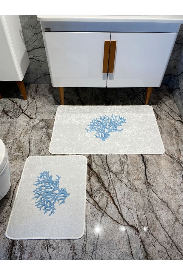 Mercan 2'li Lateks Kaymaz Taban Su Geçirmez Banyo Paspas Takımı (60x100 - 60x50) Gri-mavi - 4