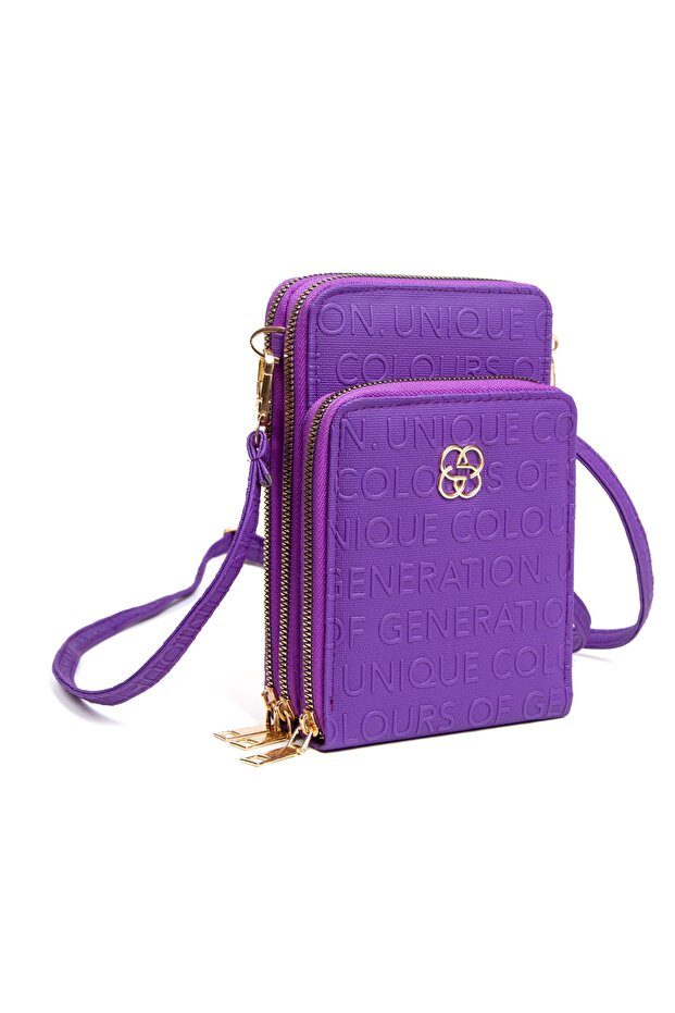 Women's Written Patterned Crossbody Wallet Bag with Phone Compartment and Adjustable Strap