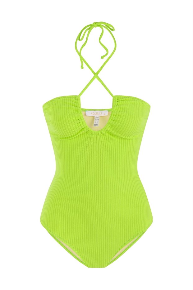 Halter Collar Textured Neon Green Swimsuit