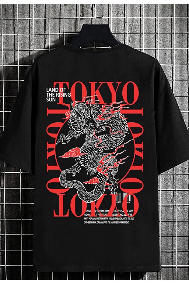 تي شيرت رجالي كبير الحجم بطبعة خلفية Tokyodragon باللون الأسود