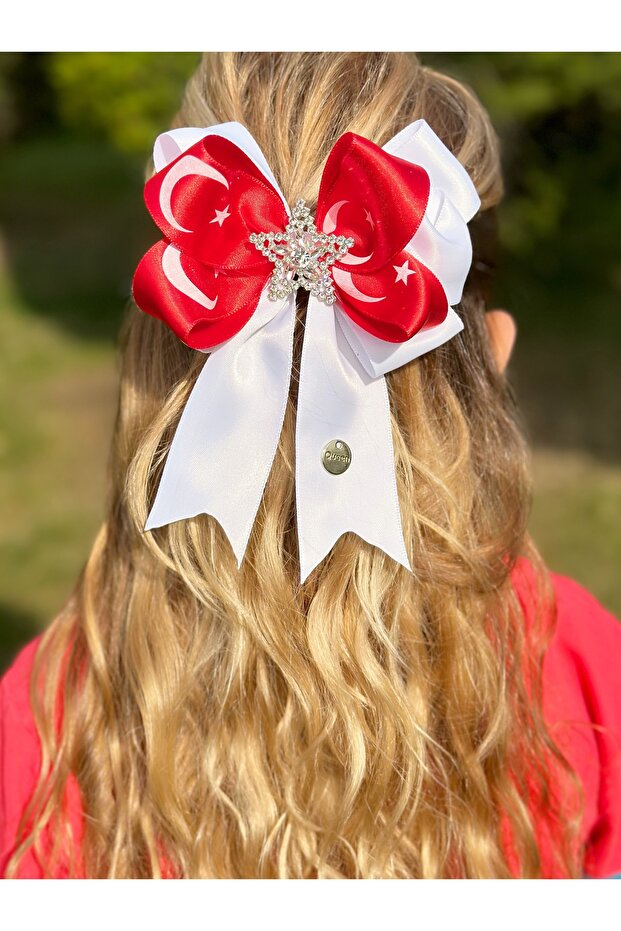 Red and White Bow with Crescent and Star Stones with Turkish Flag 23 April 19 May School Show Feast Buckle