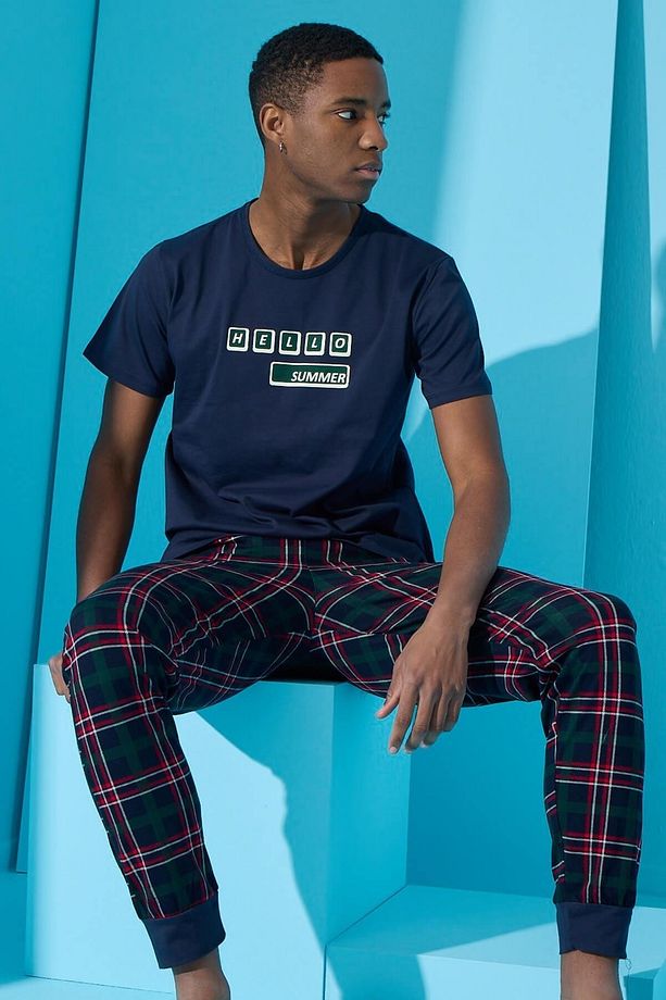 Lacivert Hello Summer Baskılı Kısa Kollu Erkek Pijama Takımı - 1