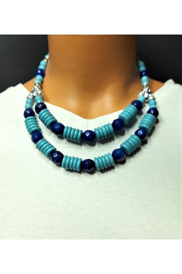 Navy Blue Jasper And Turquoise Necklace