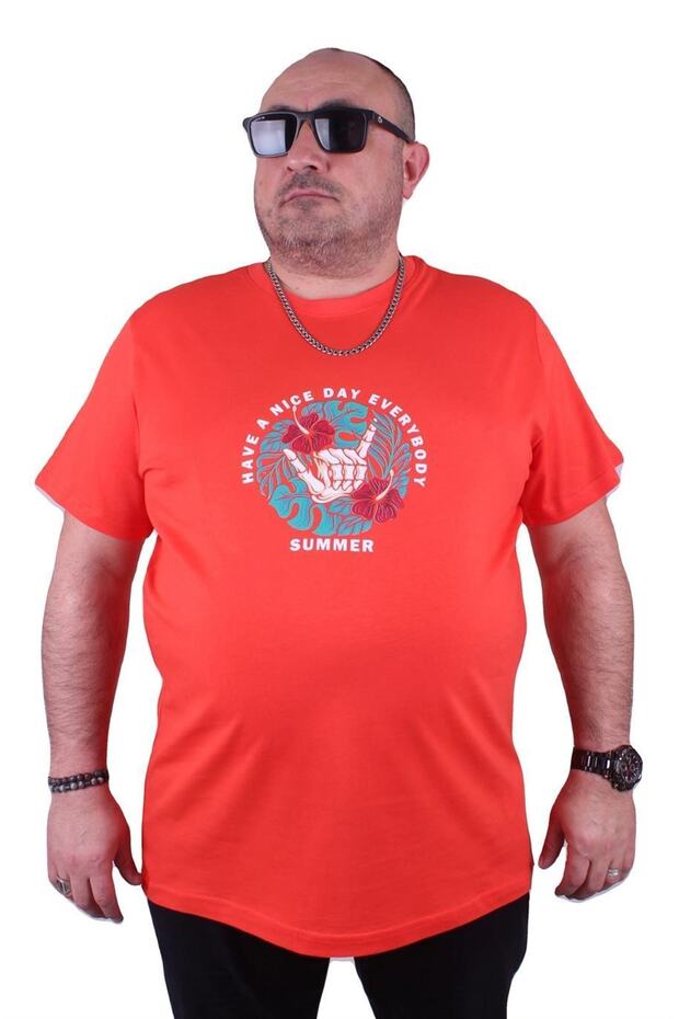 Big Size Men's Zero Collar T-Shirt Summer 23119 Pomegranate Flower