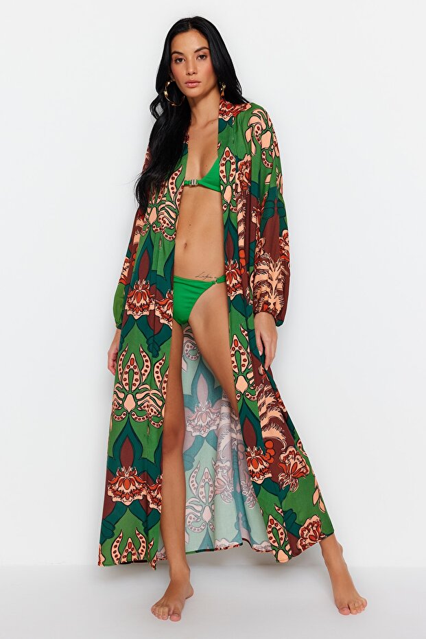 Tropikal Desenli Dokuma %100 Pamuk Maxi Plaj Kuşaklı Kimono&Kaftan TBESS23KM00057 - 2