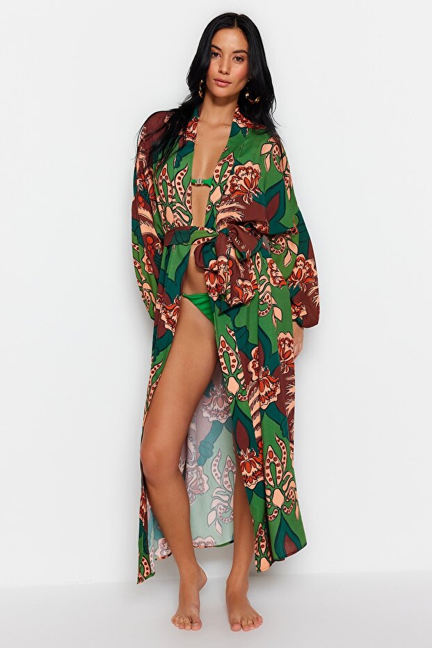 Tropikal Desenli Dokuma %100 Pamuk Maxi Plaj Kuşaklı Kimono&Kaftan TBESS23KM00057 - 3