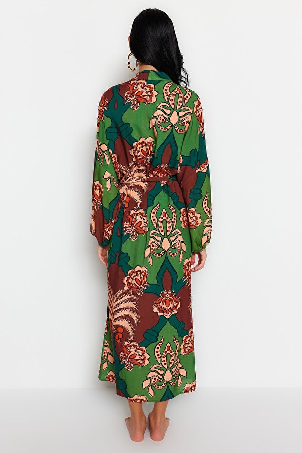Tropikal Desenli Dokuma %100 Pamuk Maxi Plaj Kuşaklı Kimono&Kaftan TBESS23KM00057 - 6
