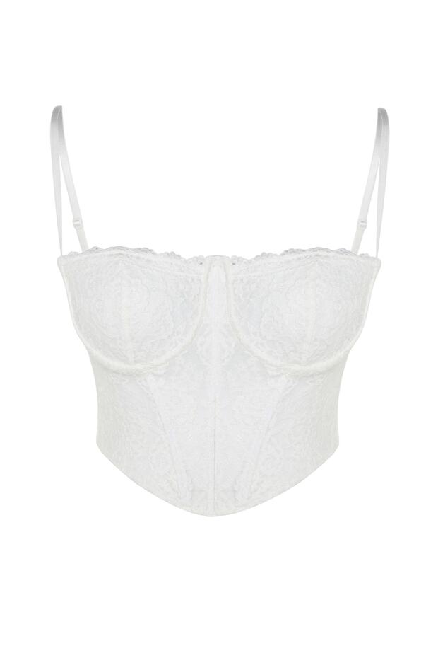 Ekru Crop Astarlı Korse Detaylı Agraflı Örme Dantel Büstiyer TPRAW23BS00062 - 6