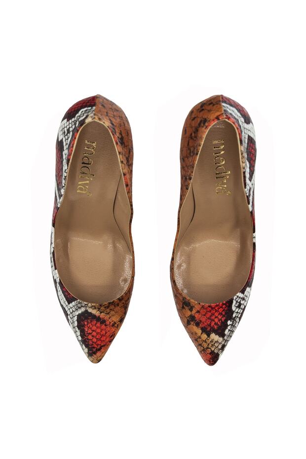 Oranj ( Portakal) Renkli Yılan Desenli 10 Cm Topuklu Stiletto - 5