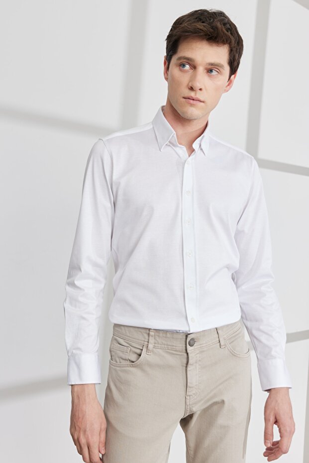 Men's White Slim Fit Narrow Cut Hidden Button Collar 100% Cotton Shirt