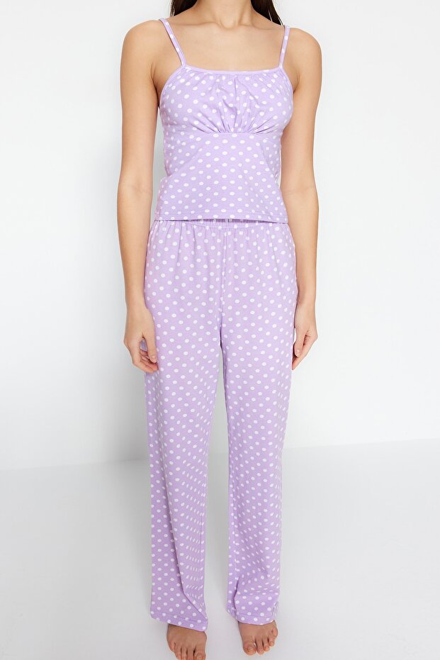 Lila Pamuklu Puantiyeli İp Askılı Örme Pijama Takımı THMSS23PT00226 - 4