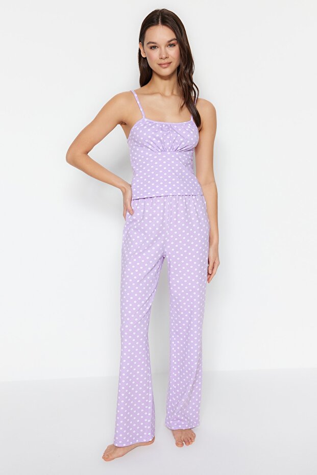 Lila Pamuklu Puantiyeli İp Askılı Örme Pijama Takımı THMSS23PT00226 - 7