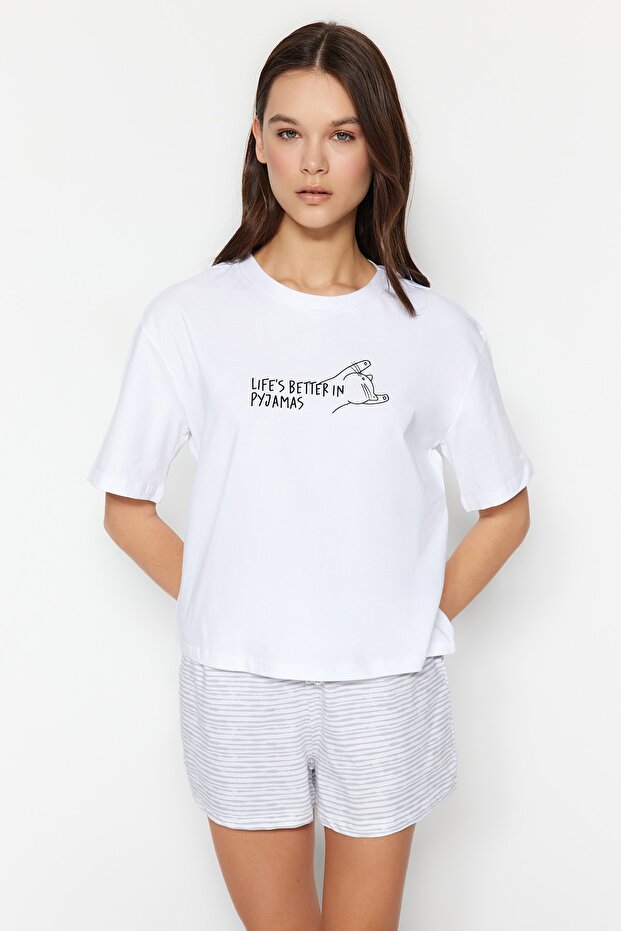 Beyaz Pamuklu Çizgili Slogan Baskılı Şortlu Örme Pijama Takımı THMSS23PT00228 - 1