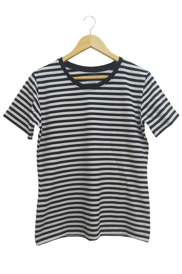 Μαύρο και άσπρο ριγέ Basic Crew Neck πλεκτό μπλουζάκι - 1