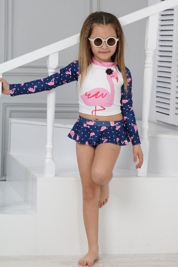 Trend Flamingo Desenli Güneş Koruma Uzun Kol Crop Üst Mini Etek Bikini Altı Fırfırlı Bikini Takımı - 1