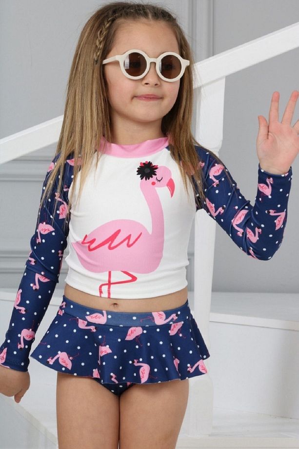 Trend Flamingo Desenli Güneş Koruma Uzun Kol Crop Üst Mini Etek Bikini Altı Fırfırlı Bikini Takımı - 4