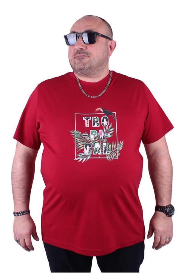 Large Size Crew Neck T-Shirt Tropical 23114 Claret Red