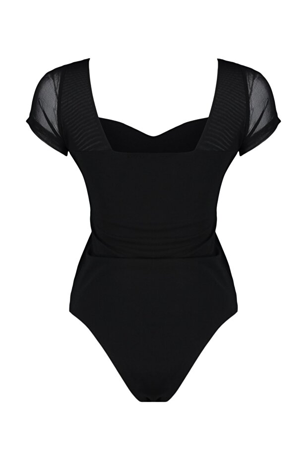 Siyah Fitted/Vücuda Oturan Tül Detaylı Krep Esnek Örme Body TWOSS23BD00072 - 8
