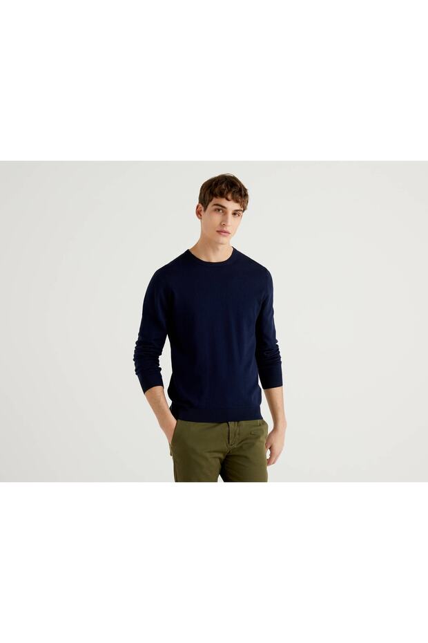Men's Navy Blue Crew Neck Cotton Sweater