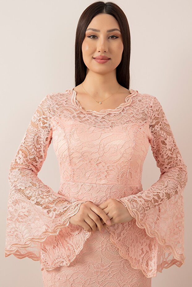 Kol Volanlı Kısa Dantel Abiye Elbise 13034 - 2