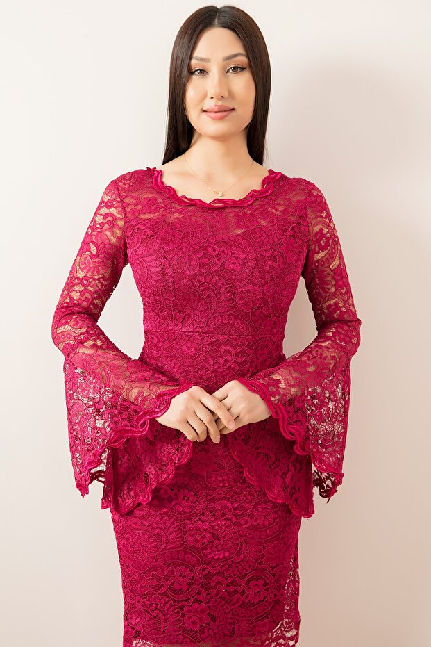 Kol Volanlı Kısa Dantel Abiye Elbise 13034 - 3