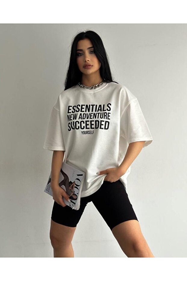 تي شيرت للجنسين مقاس كبير من Essentials New Adventure Succeeded مطبوع بمقاس كبير