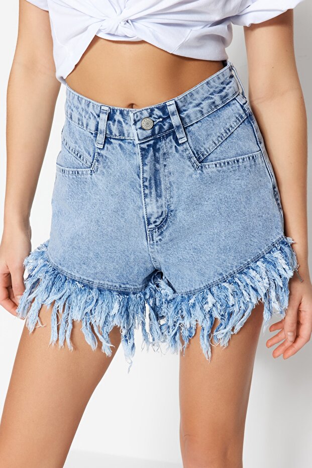 Açık Mavi More Sustainable Püsküllü Yüksek Bel Mini Denim Şort TWOSS23SR00164 - 8