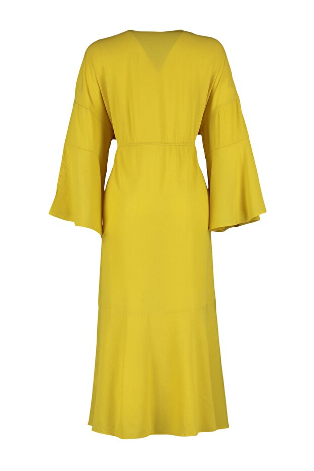 Yağ Yeşili Dokuma Büzgülü Maxi Plaj Kimono&Kaftan TBESS23KM00105 - 8