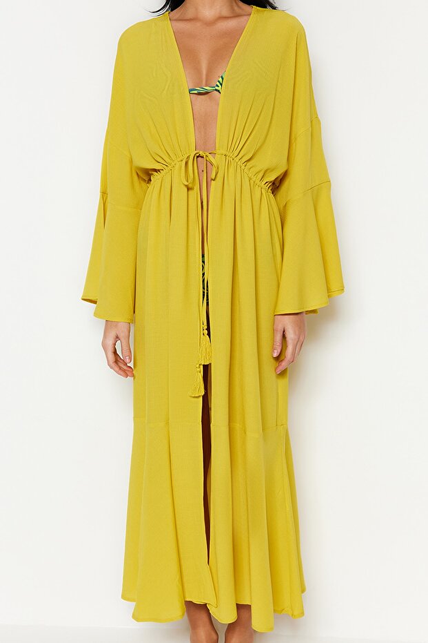 Yağ Yeşili Dokuma Büzgülü Maxi Plaj Kimono&Kaftan TBESS23KM00105 - 5