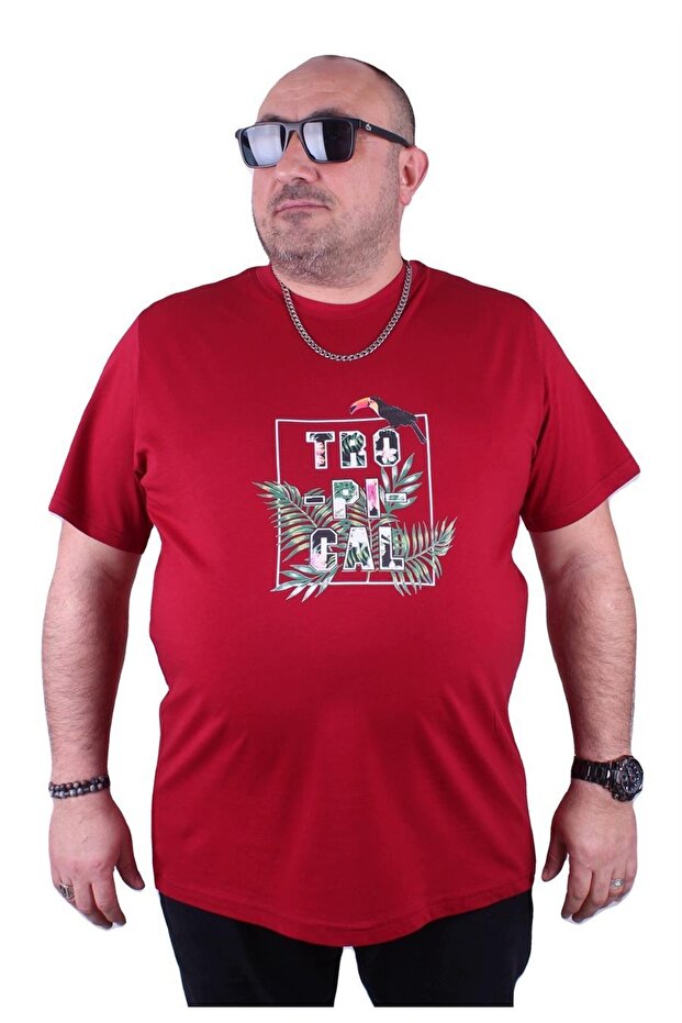 Large Size Crew Neck T-Shirt Tropical 23114 Claret Red