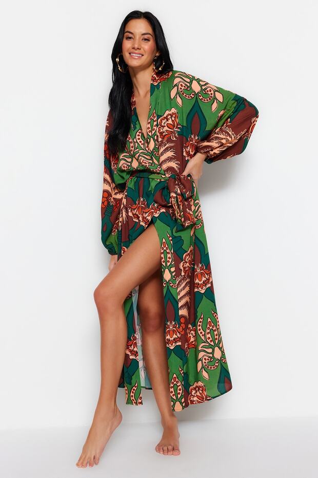 Tropikal Desenli Dokuma %100 Pamuk Maxi Plaj Kuşaklı Kimono&Kaftan TBESS23KM00057 - 1