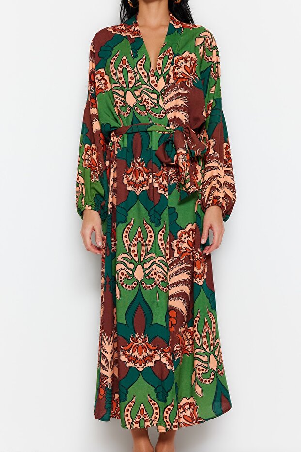 Tropikal Desenli Dokuma %100 Pamuk Maxi Plaj Kuşaklı Kimono&Kaftan TBESS23KM00057 - 4