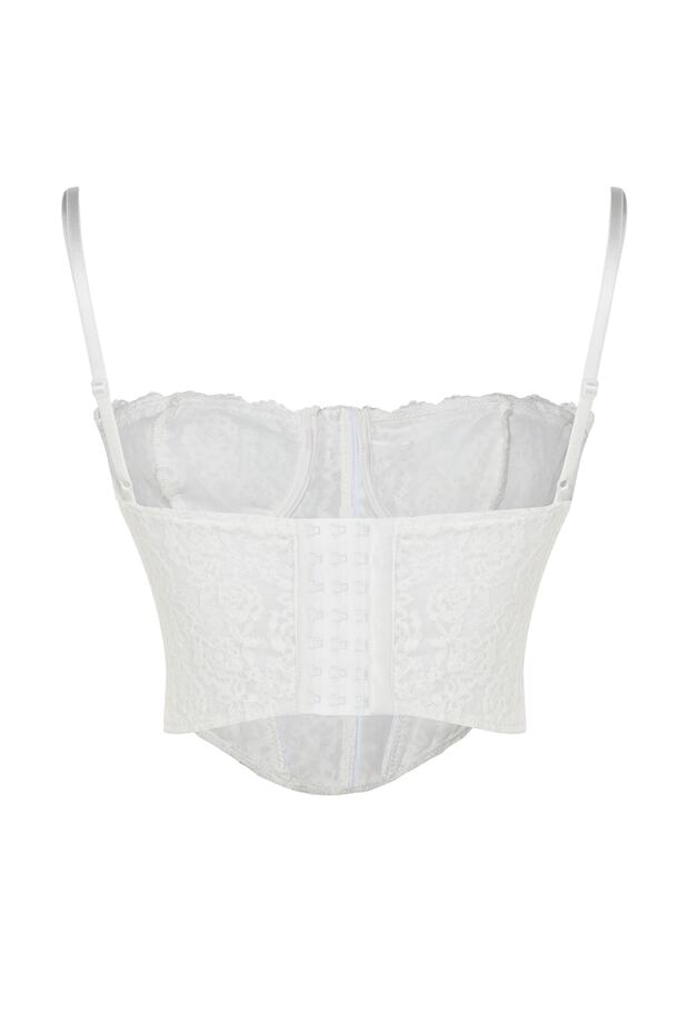 Ekru Crop Astarlı Korse Detaylı Agraflı Örme Dantel Büstiyer TPRAW23BS00062 - 8