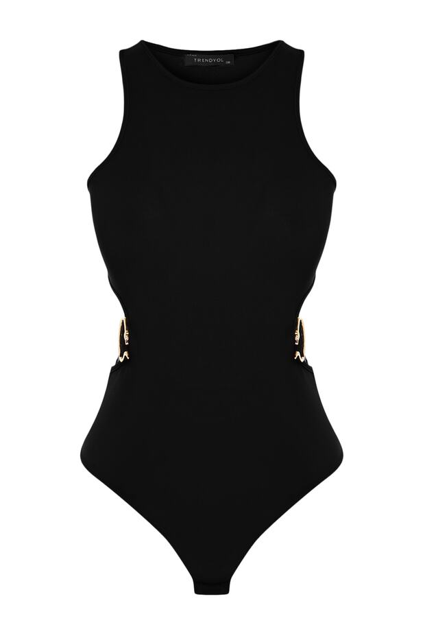 Siyah Aksesuarlı Pencere/Cut Out Detaylı Çıtçıtlı Örme Body TPRSS23BD00044 - 7