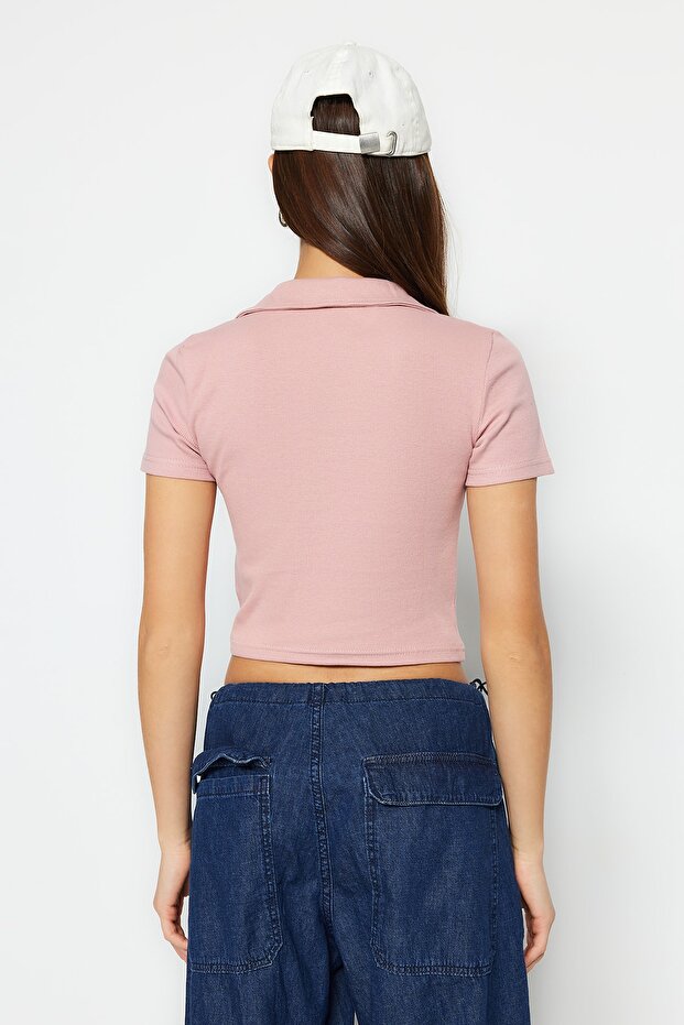 Gül Kurusu Fitted/Vücuda Oturan Crop Polo Yaka Fitilli Esnek Örme Bluz TWOSS21BZ0038 - 13