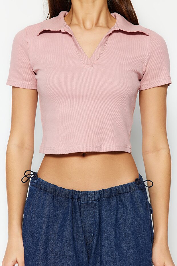 Gül Kurusu Fitted/Vücuda Oturan Crop Polo Yaka Fitilli Esnek Örme Bluz TWOSS21BZ0038 - 10
