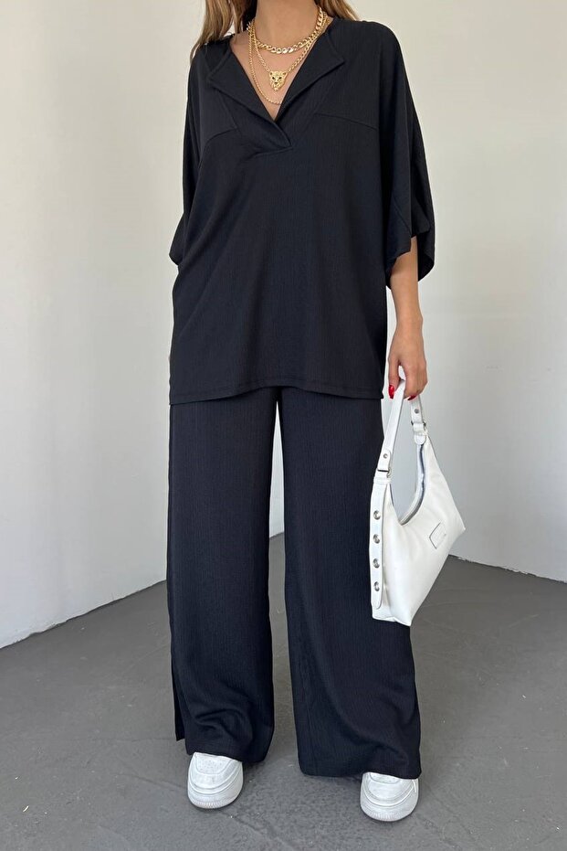 Women's Seersucker Bat Sleeve V-Neck Blouse And Trousers Oversize Black Two-piece Suit 9581