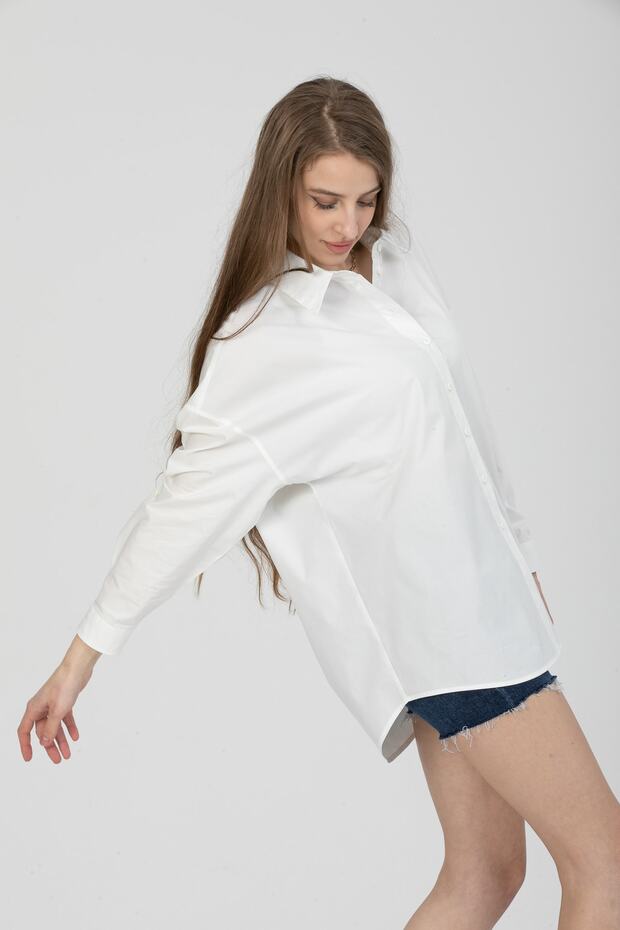 Beyaz Oversize Uzun Basic Gömlek - 1