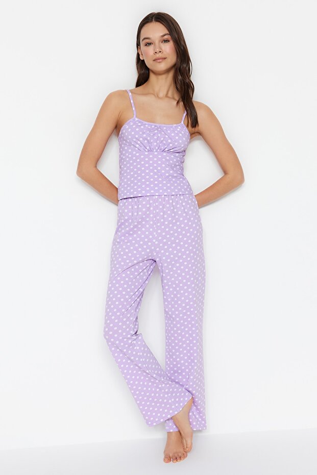 Lila Pamuklu Puantiyeli İp Askılı Örme Pijama Takımı THMSS23PT00226 - 2